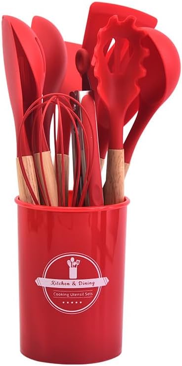 Silicone Cooking Utensil Set | Nonstick Safe | Wooden Handle | Heat Resistant