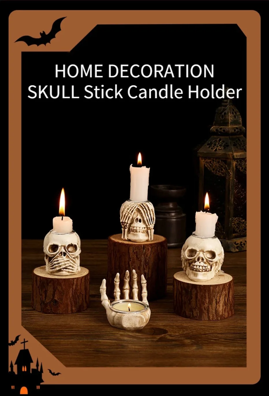 GothicGlow™ 3pc Halloween Skull Candle Holder Set