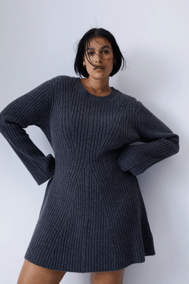 Women’s Rib-Knit Dress | Long Sleeve Slim Fit | Round Neck with Slit Cuffs