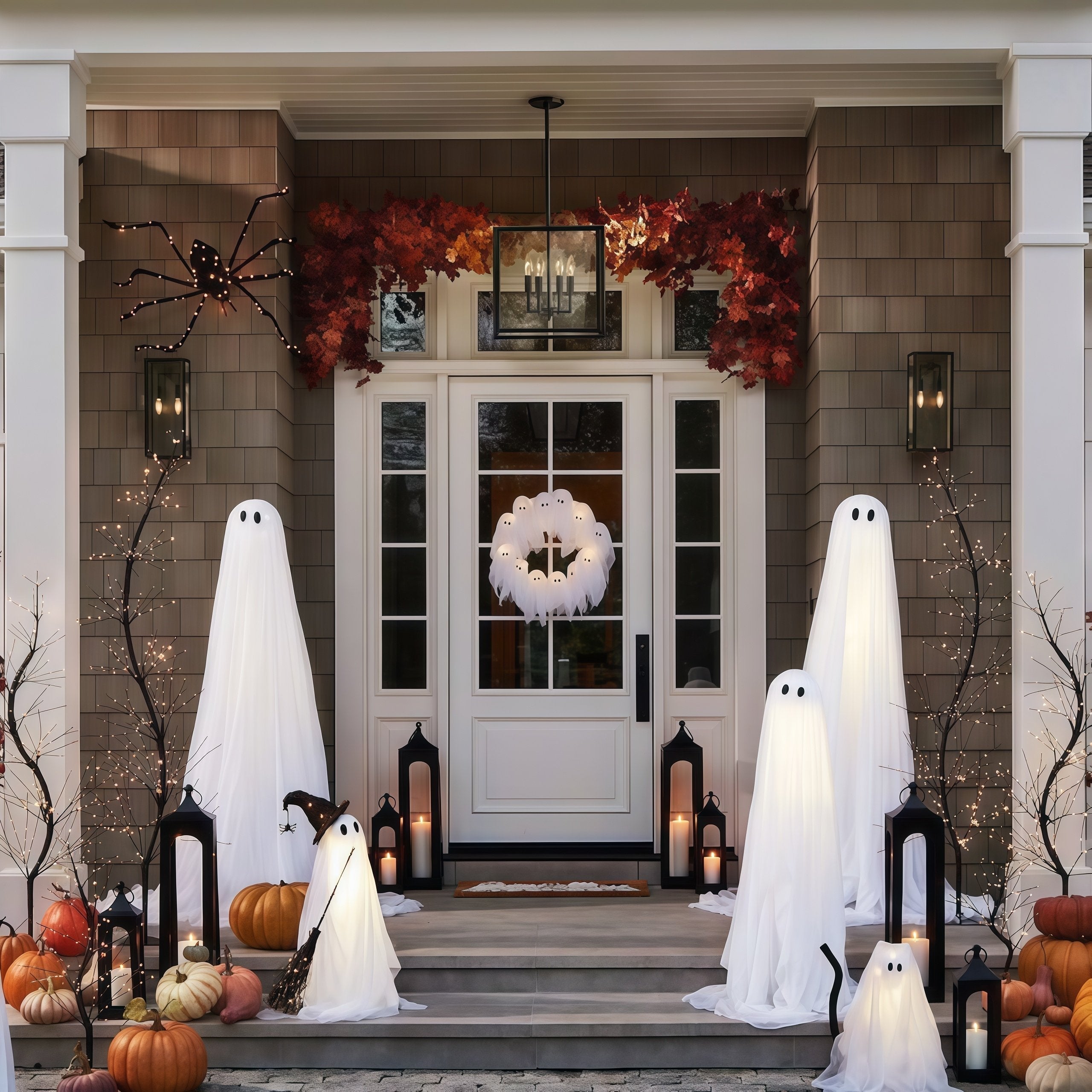 Halloween Ghost Wreath | LED Light-Up Design | Battery Operated | Indoor & Outdoor Decor