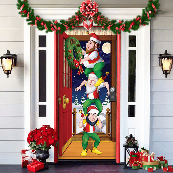Christmas Door Cover | Santa & Gingerbread Design | Festive Entrance Decoration | Easy Installation | 36×80 in