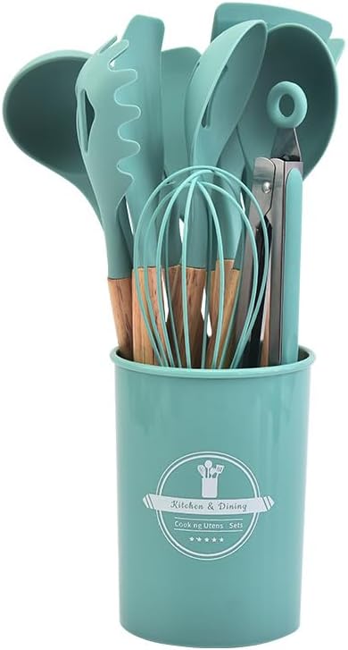 Silicone Cooking Utensil Set | Nonstick Safe | Wooden Handle | Heat Resistant