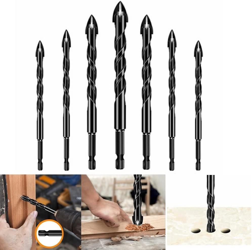 Drill Bit Set | 7-Piece Hard Alloy | 4-Edge Cross Design | Tile, Glass & Wood Precision Drilling