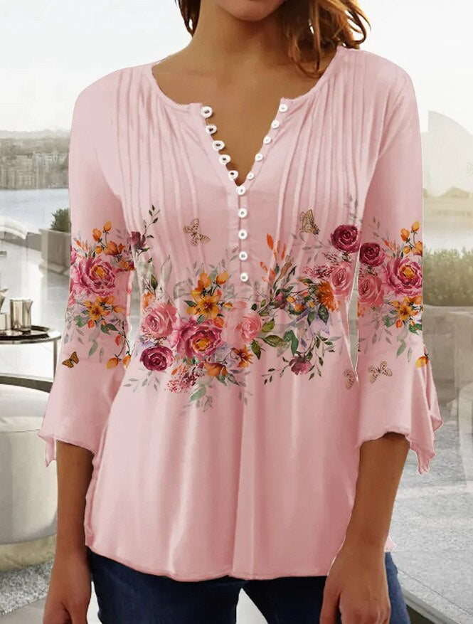 Elegant women's top with long sleeves, button placket, cotton blend