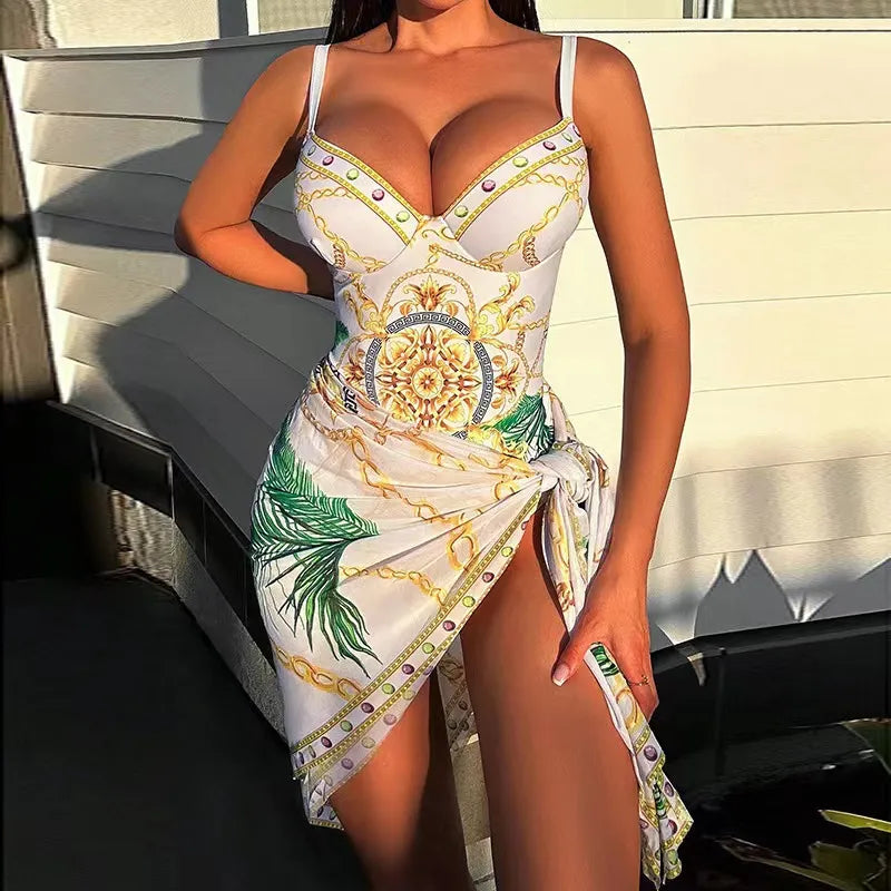 Avencea | Sexy One-Piece Push-Up Swimsuit with Chain Pattern and Beach Skirt