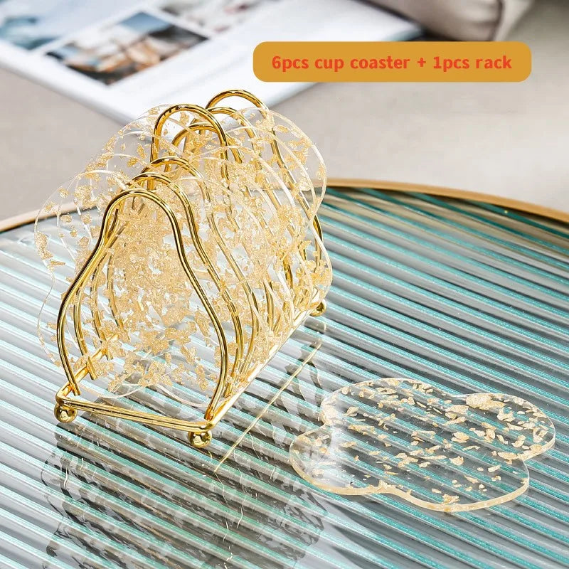 6pcs Acrylic Gold Foil Coaster Set with Holder