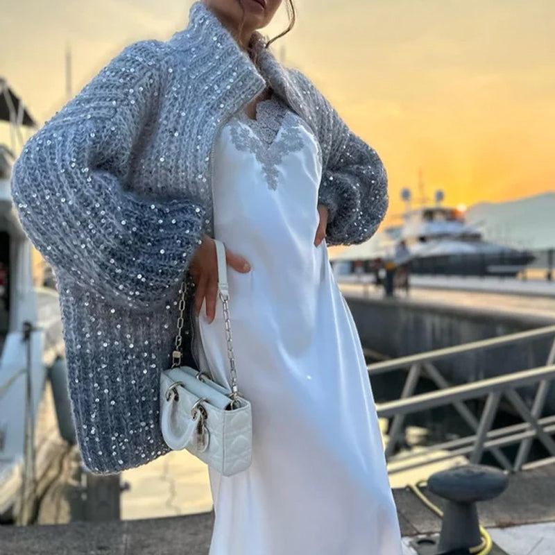 Women’s Knitted Sweater Jacket | Subtle Sequin Detail | Lightweight Soft Fabric | Beige or Sky Blue