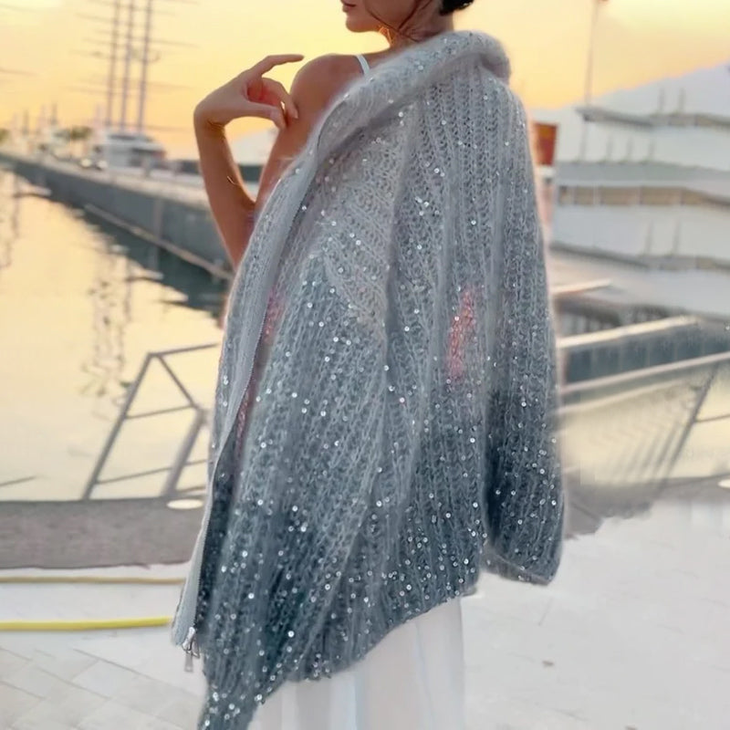 Women’s Knitted Sweater Jacket | Subtle Sequin Detail | Lightweight Soft Fabric | Beige or Sky Blue