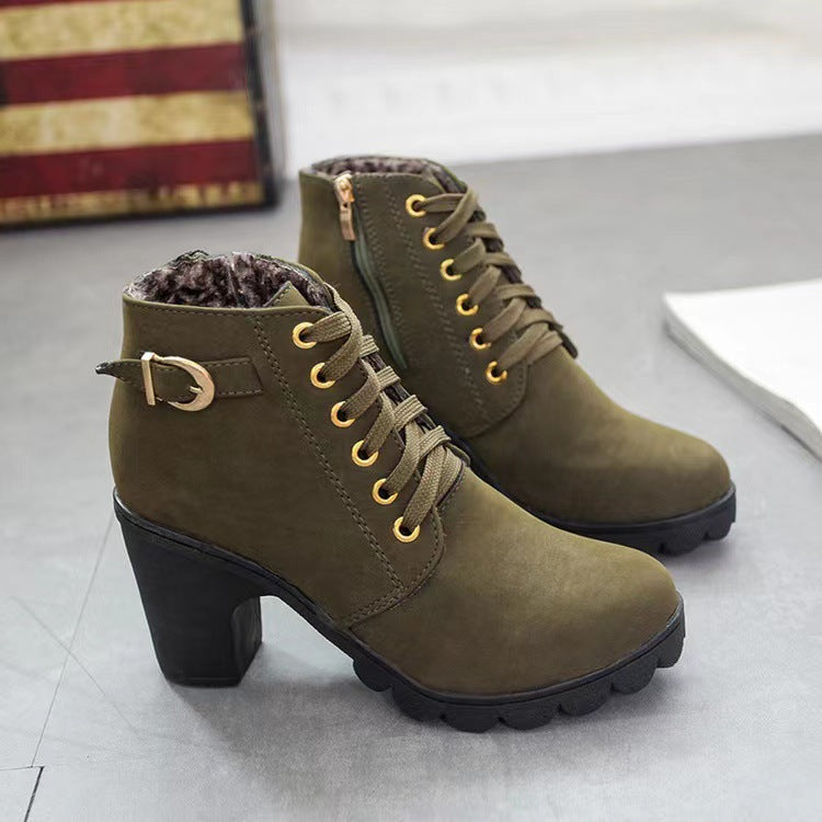 Women’s Chunky Heel Boots | Warm Faux Fur Lining | Non-Slip Sole | PU Leather Design