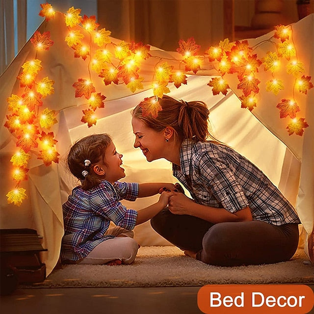 Autumn Maple Leaf String Lights | Warm White LED Garland | Battery or USB Powered