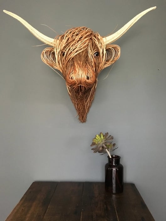 Hand-Woven Wall Art Sculpture | Highland Cattle Design | Rustic Handmade Home Decor | 11.8 × 8.6 in