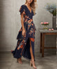 Blue short-sleeved maxi dress with V-neckline