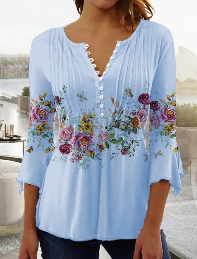 Elegant women's top with long sleeves, button placket, cotton blend