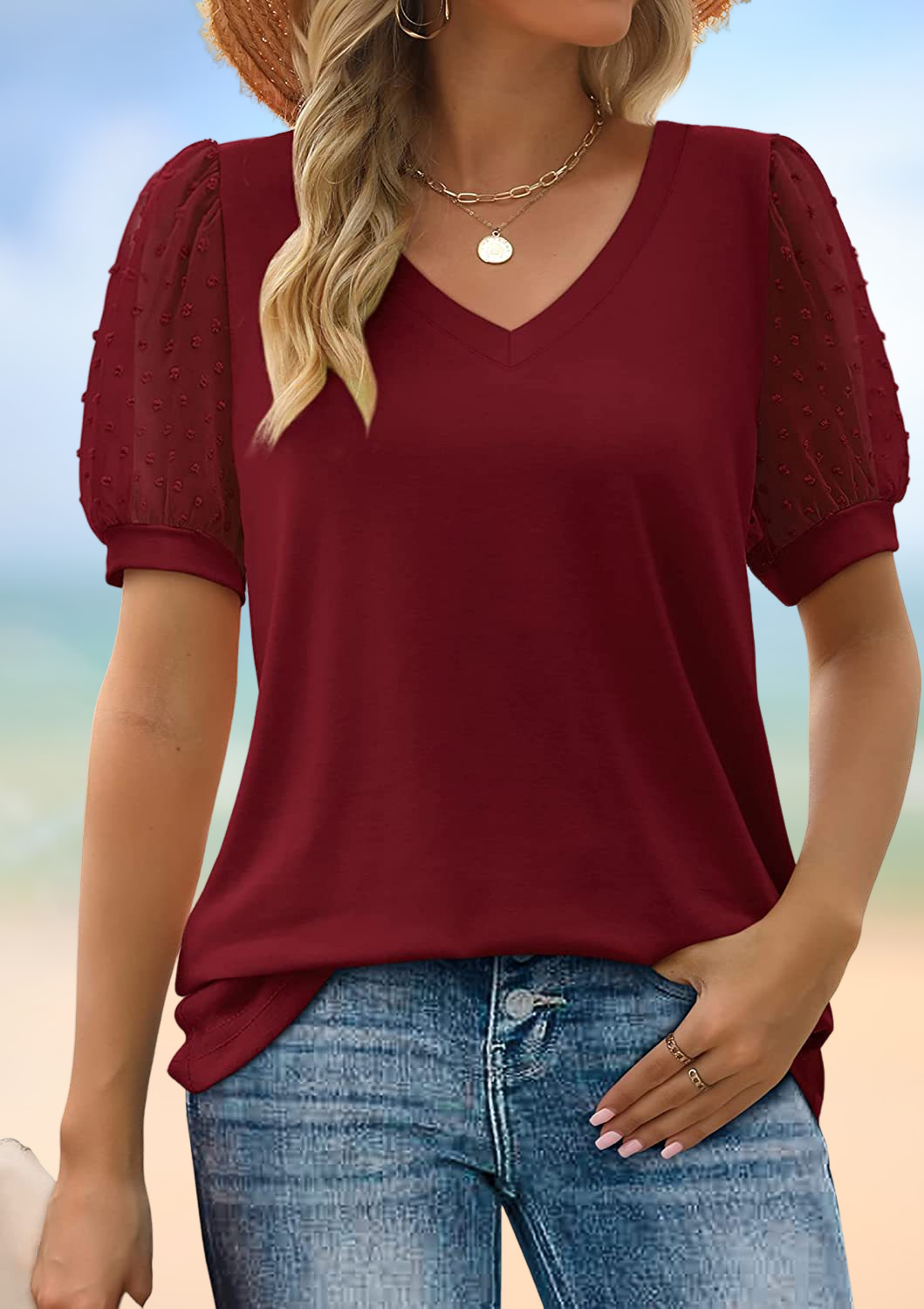 Janne - V-Neck T-Shirt with Sleeve and Tummy Coverage