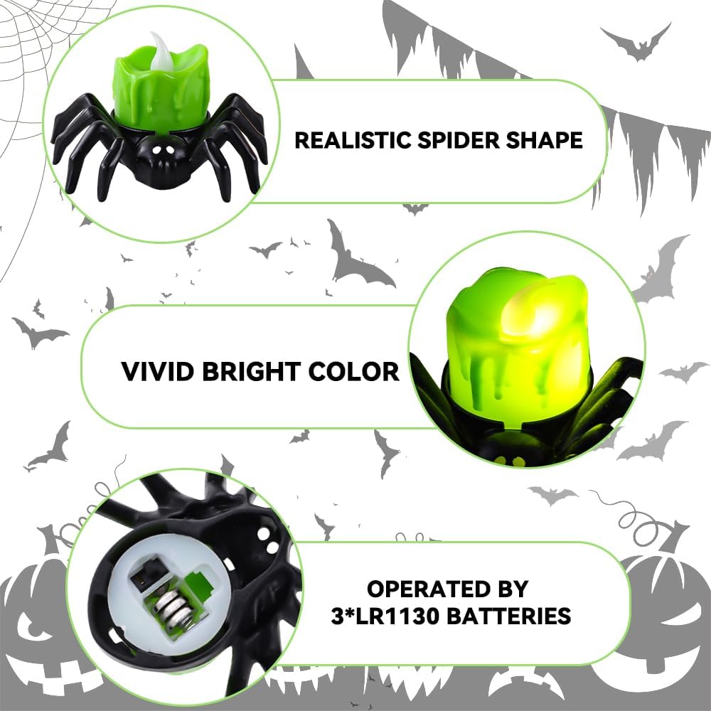 Halloween Spider LED Candle Lights | Flameless Battery Operated | Warm Yellow Glow | Indoor/Outdoor Decoration
