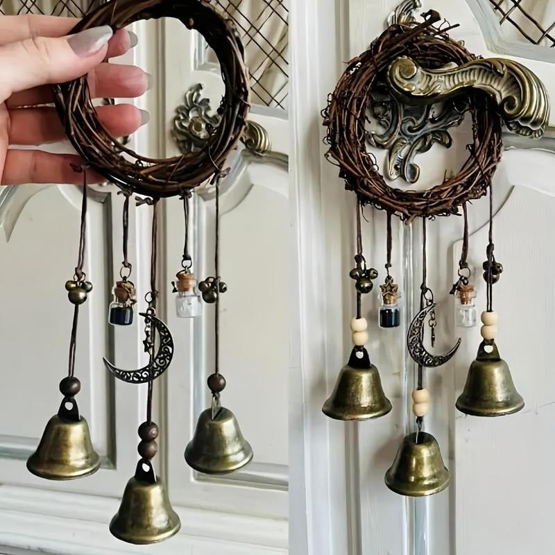 Witch Bell Hanging Decor | Boho Rustic Design | Rattan & Metal | 11.8 in