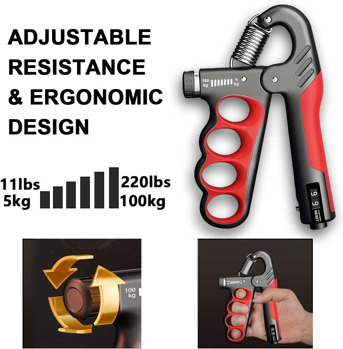 Adjustable Hand Grip Strengthener | 5–100KG Resistance | Rep Counter | Non-Slip Handles