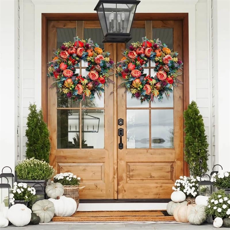 Autumn Door Wreath | Rustic Peony & Pumpkin Design | Handcrafted Fall Decoration