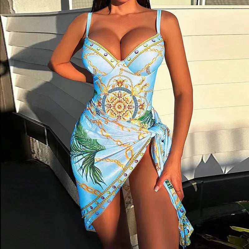 Avencea | Sexy One-Piece Push-Up Swimsuit with Chain Pattern and Beach Skirt