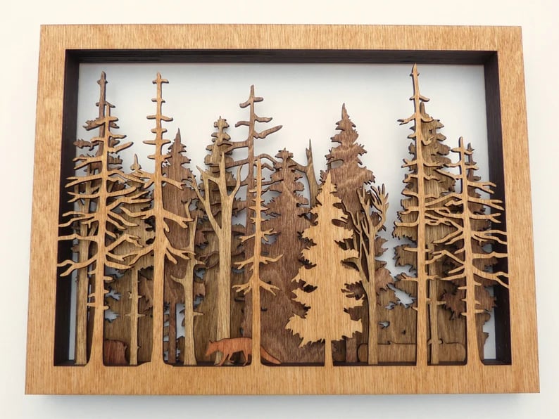 Layered Wooden Wall Art | 7-Layer Laser Cut Forest Scene with Fox | Baltic Birch