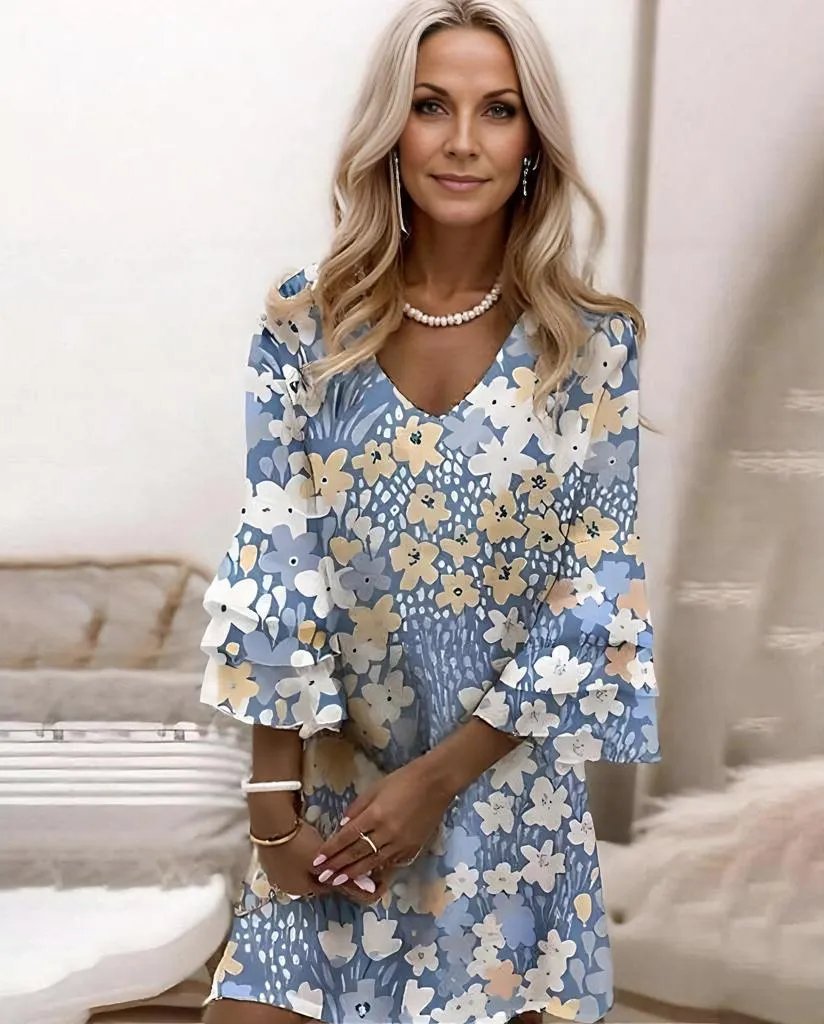 Blue Mini Dress with Floral Pattern and V-Neck