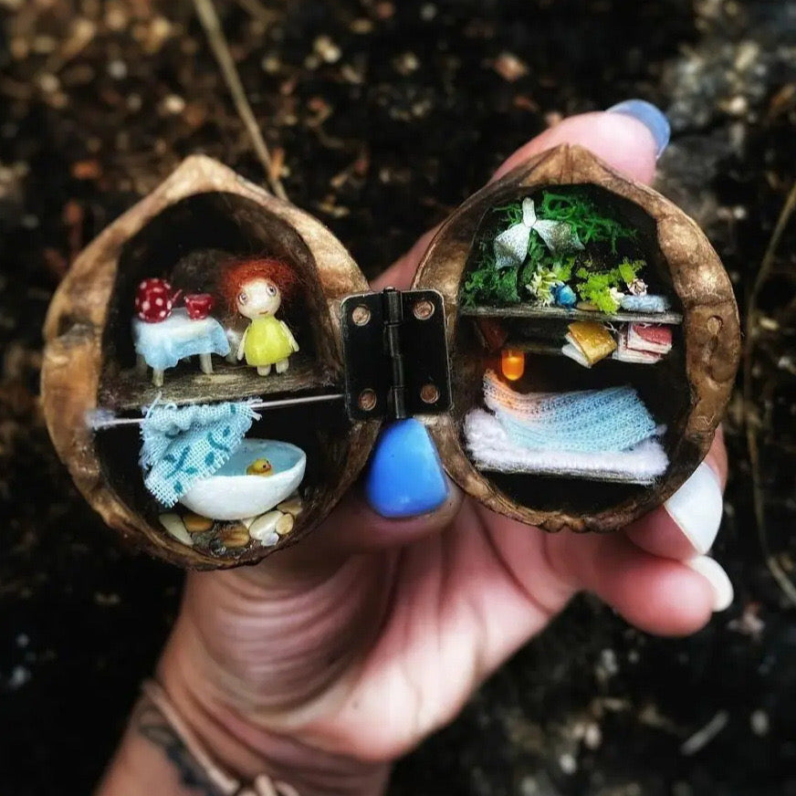 Miniature Walnut House Ornament | Handmade Gift | Clay & Wood Details with Light-Up Design