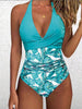 Chic Blue Plant Print Halter Swimsuit