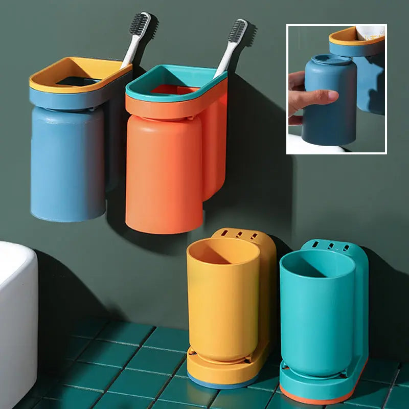 Toothbrush Holder with Cup | Wall-Mounted | Self-Adhesive | ABS Plastic | 11.5×7×12.5cm