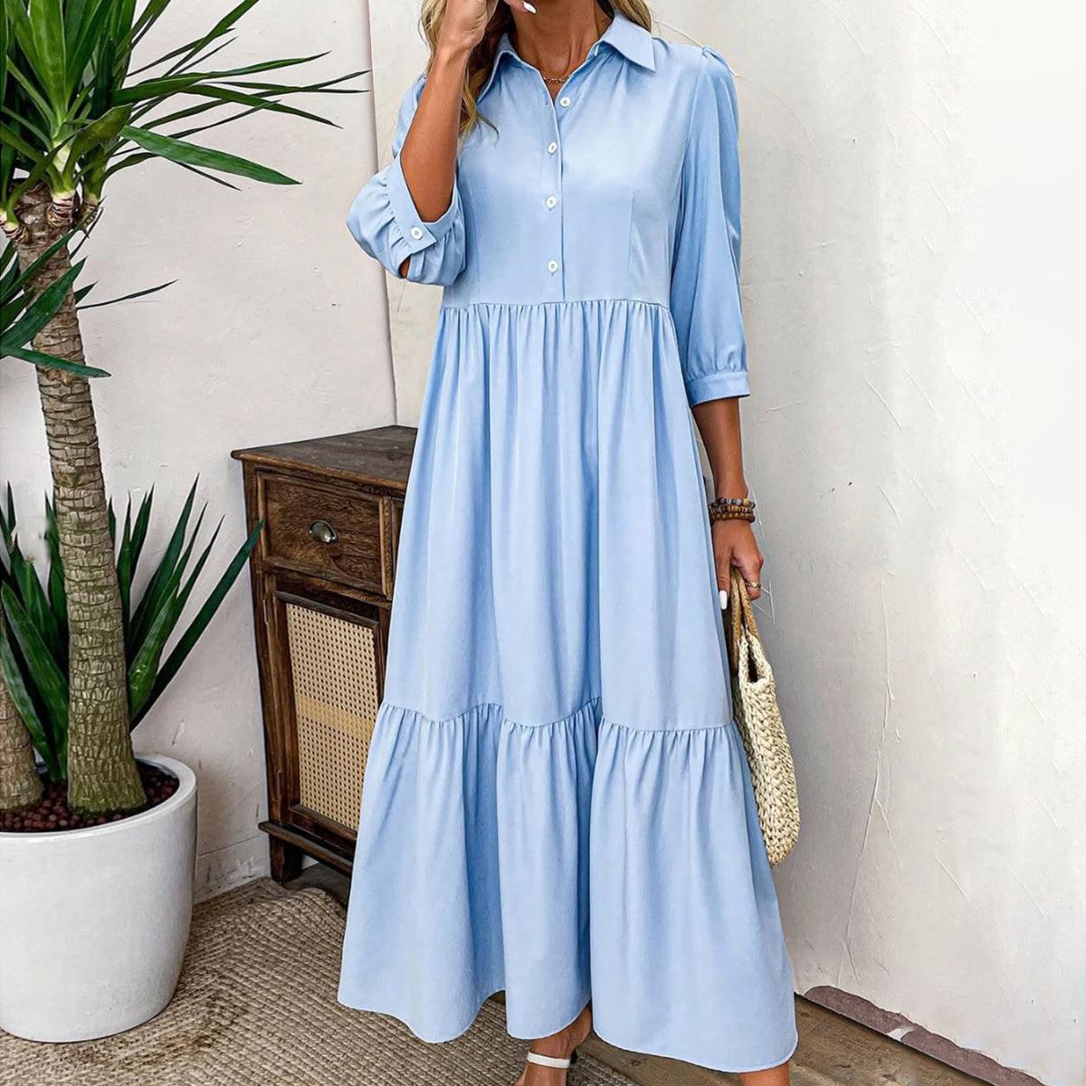Blaues einfarbiges Maxikleid mit 3/4 Ärmeln