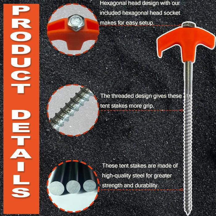 Tent Stakes with Drill Tip | Heavy-Duty Steel Screw-In Pegs | 16-Pack Camping Anchors 8"