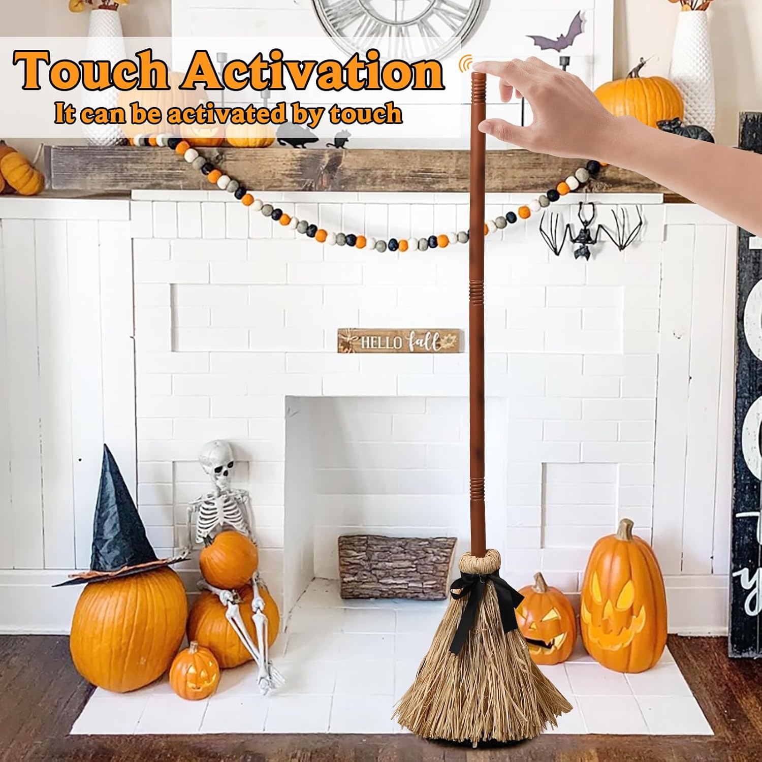 Halloween Witch Broom Decoration | Sound & Motion Activated | Floating Cackle Prop
