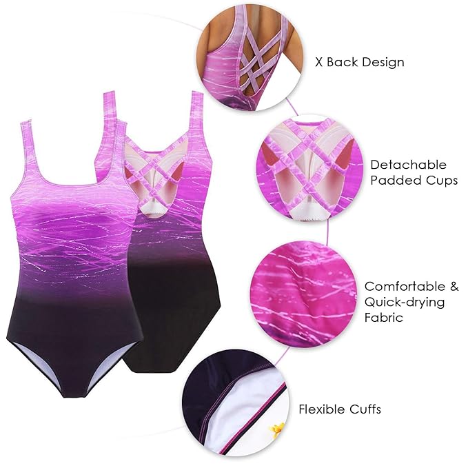 Avencea - Sports Swimsuit in an Ombre Color Gradient Made of Quick-Drying Material with Back Cutout and Decorative Stripes