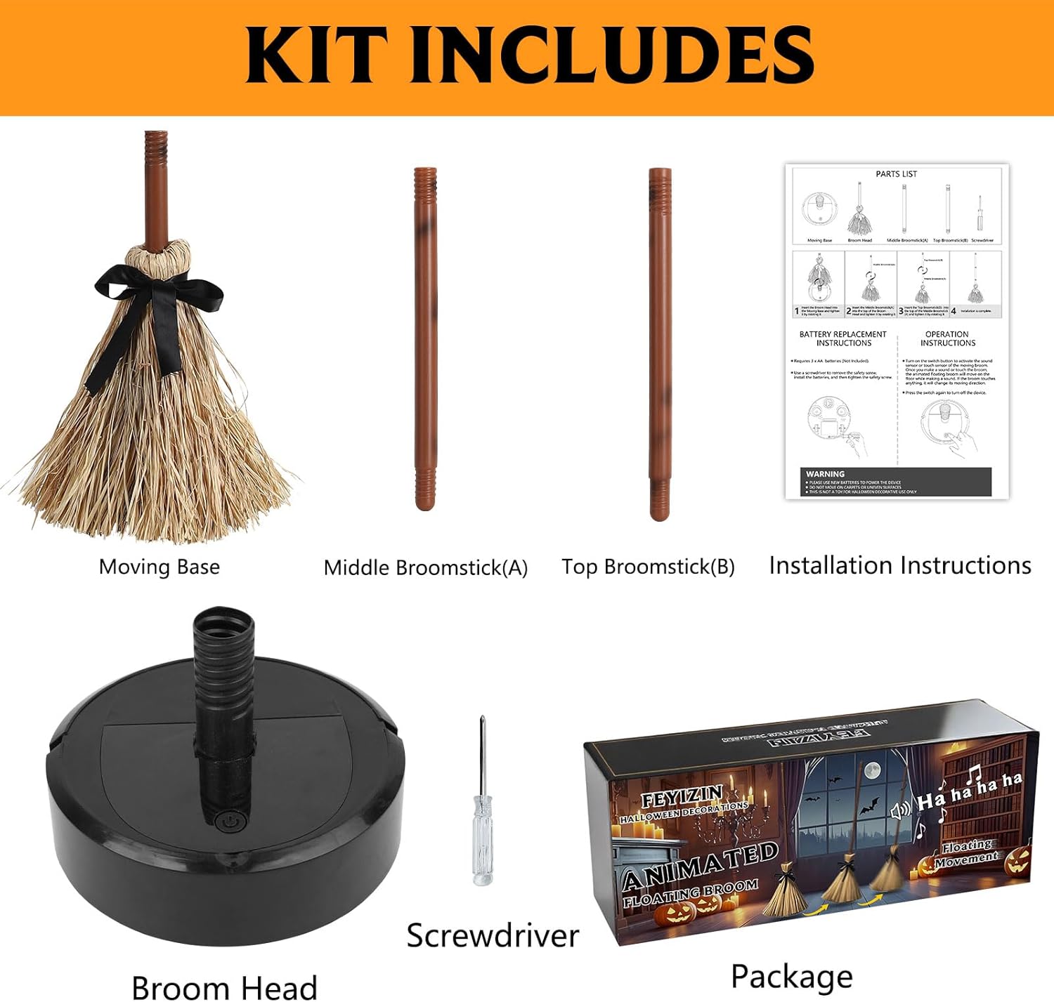 Halloween Witch Broom Decoration | Sound & Motion Activated | Floating Cackle Prop