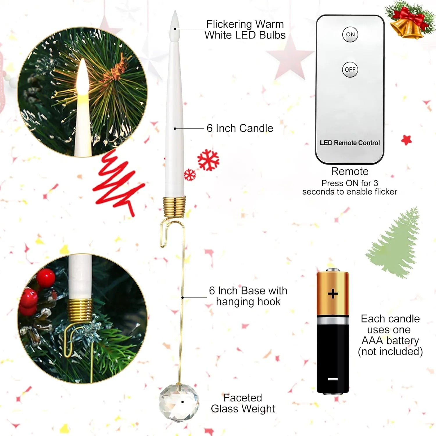 Christmas LED Tree Candles | Remote Control Flameless Lights | Set of 12 Warm White