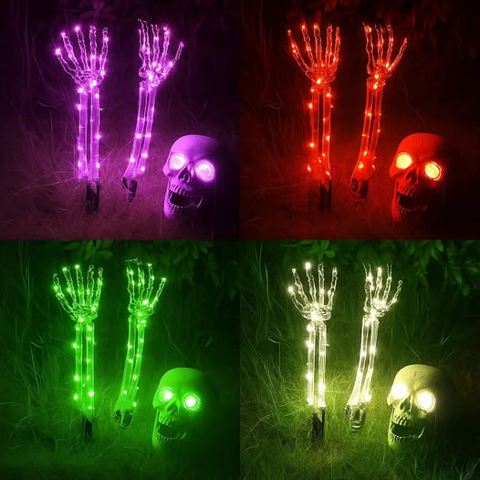 Halloween Yard Decoration | Light-Up Skull & Skeleton Arms | 8-Mode LED Outdoor Prop