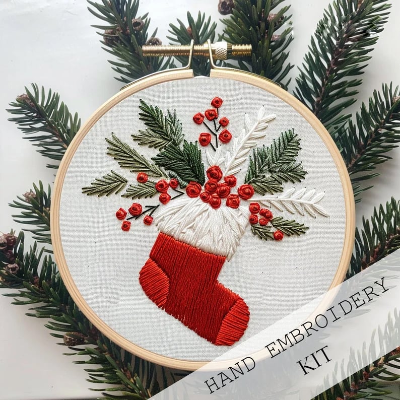 Christmas Embroidery Kit | Winter Snowy Village Pattern | Beginner Craft Set with Hoop & Threads