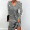 Silver mini dress with long sleeves and V-neckline