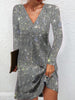 Silver mini dress with long sleeves and V-neckline