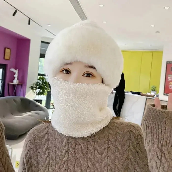 Women’s Winter Beanie Hat with Scarf | Fuzzy Faux Fur | Windproof & Warm