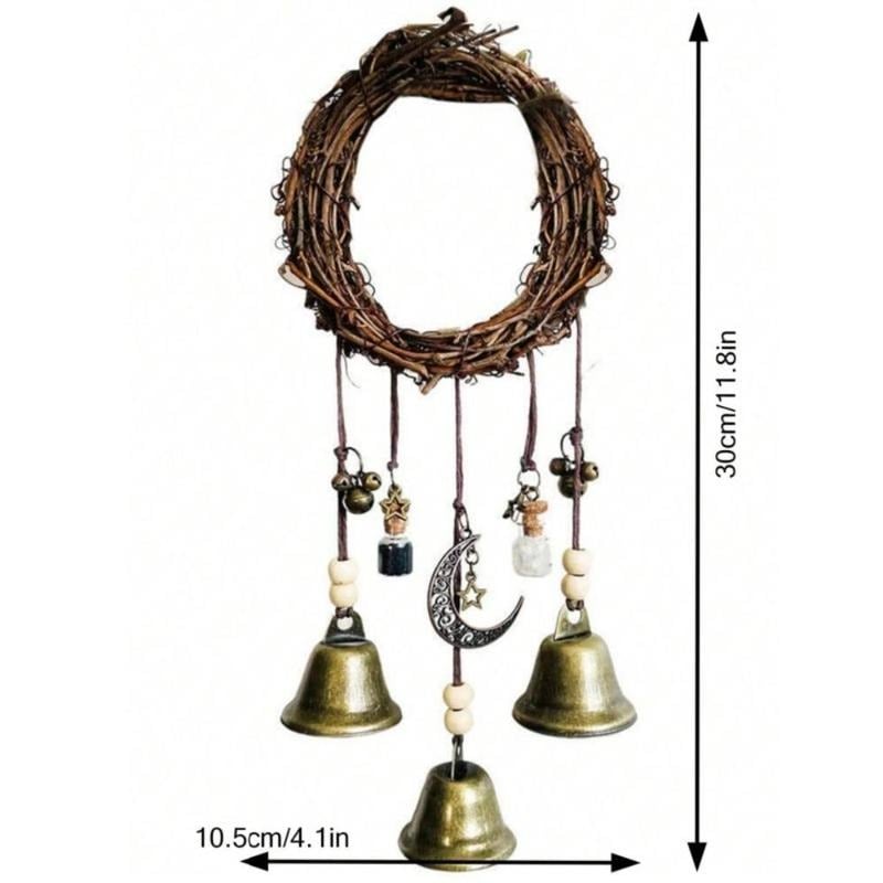 Witch Bell Hanging Decor | Boho Rustic Design | Rattan & Metal | 11.8 in