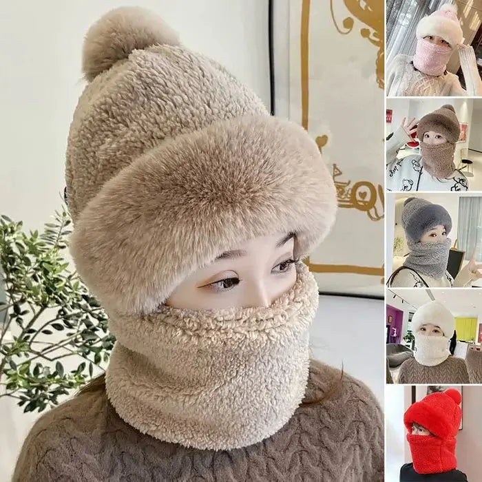 Women’s Winter Beanie Hat with Scarf | Fuzzy Faux Fur | Windproof & Warm