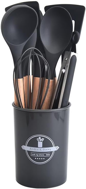 Silicone Cooking Utensil Set | Nonstick Safe | Wooden Handle | Heat Resistant