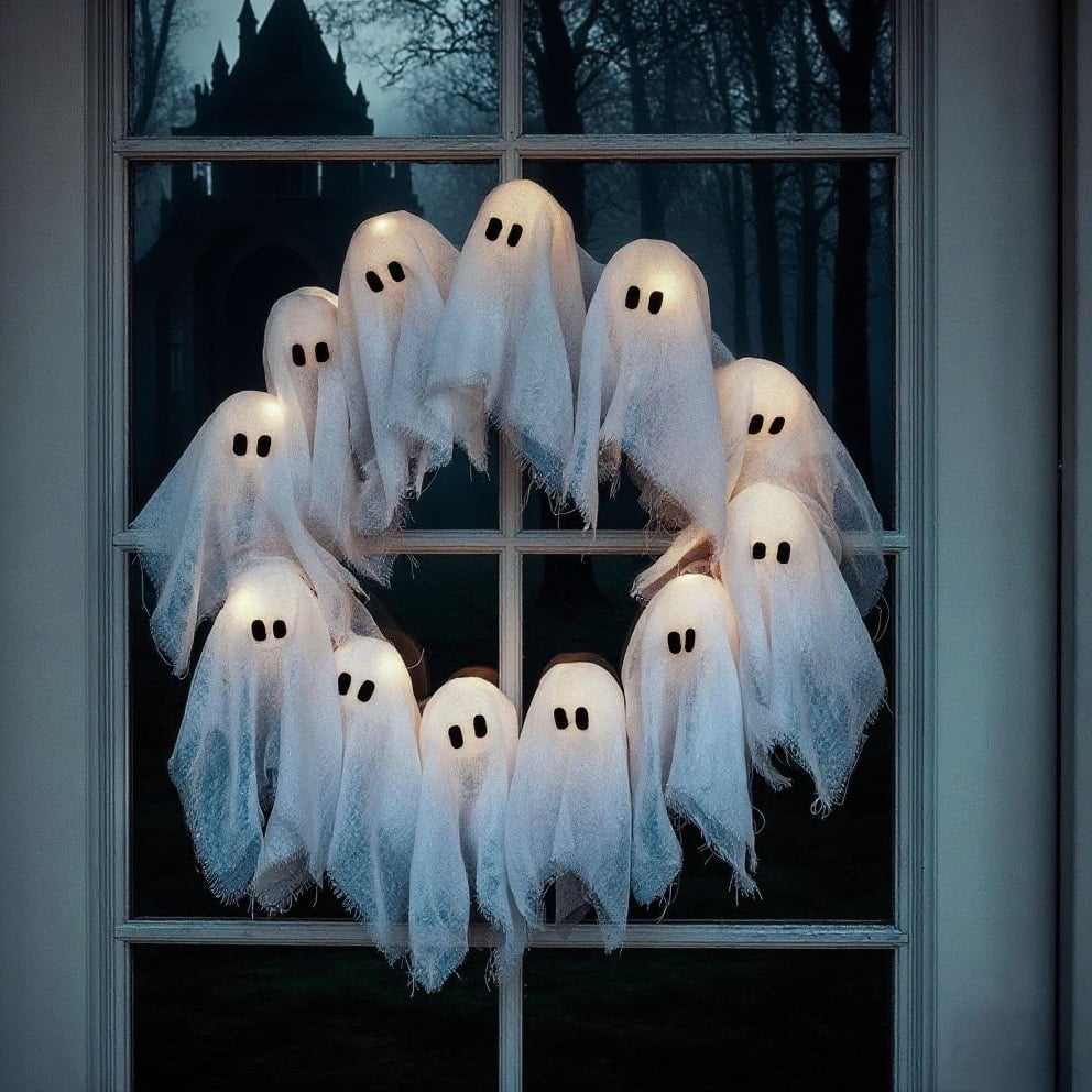 Halloween Ghost Wreath | LED Light-Up Design | Battery Operated | Indoor & Outdoor Decor