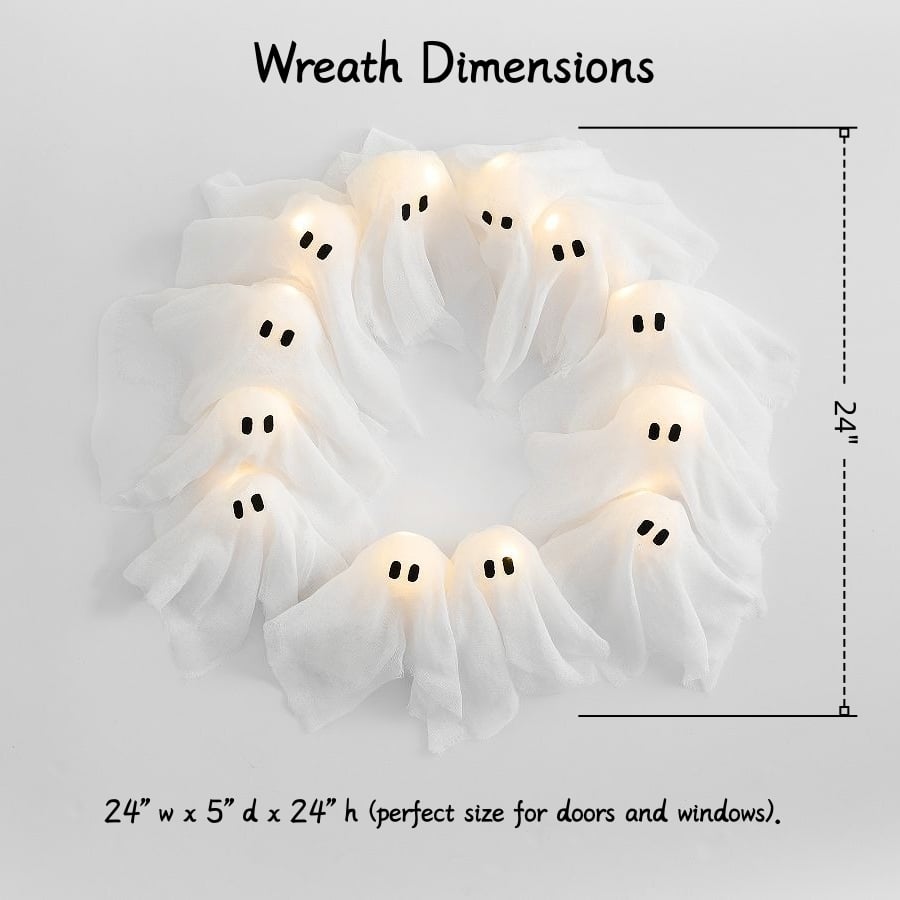 Halloween Ghost Wreath | LED Light-Up Design | Battery Operated | Indoor & Outdoor Decor