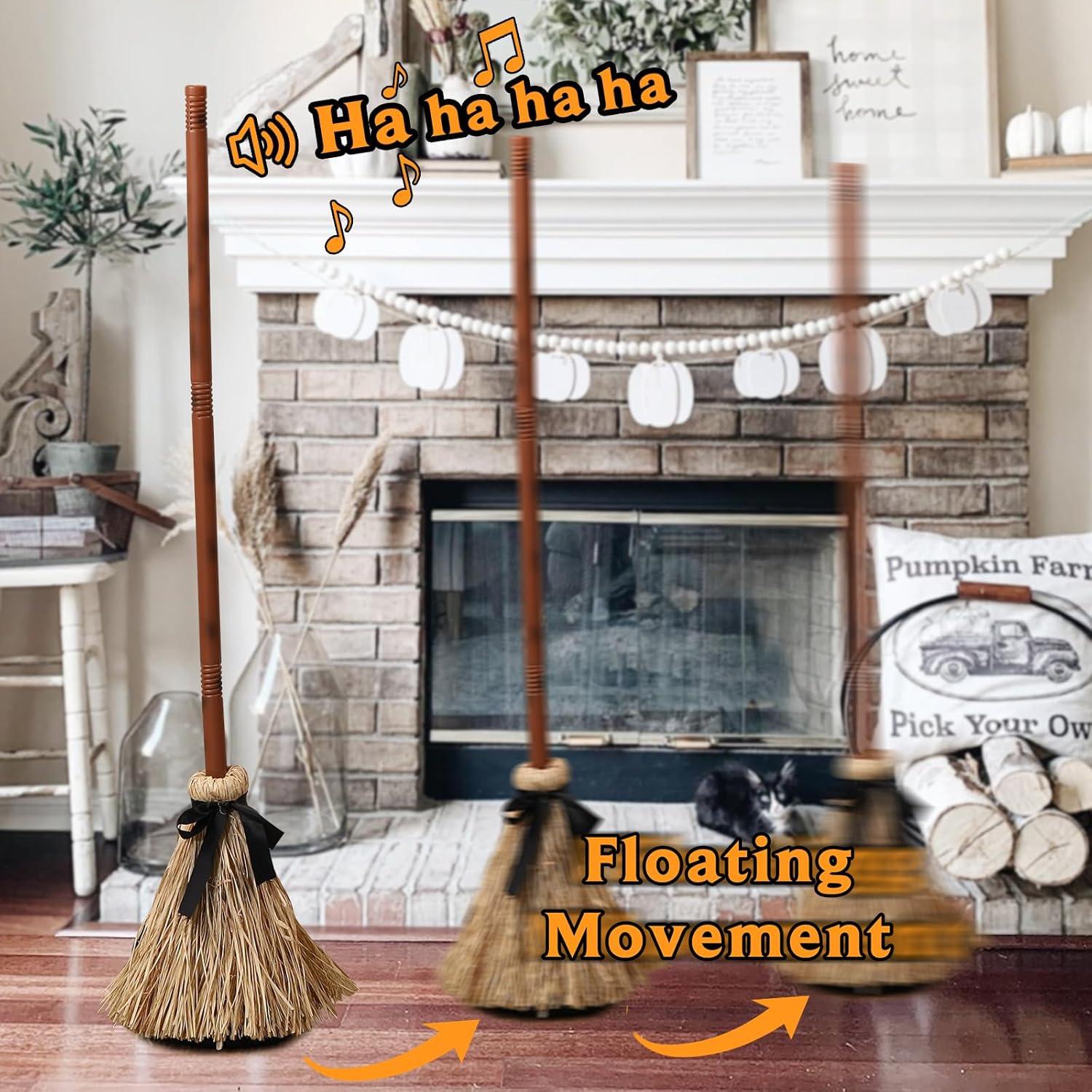 Halloween Witch Broom Decoration | Sound & Motion Activated | Floating Cackle Prop