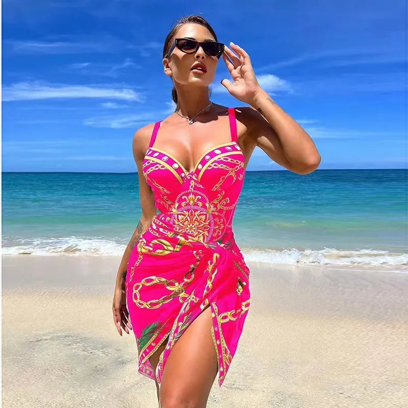 Avencea | Sexy One-Piece Push-Up Swimsuit with Chain Pattern and Beach Skirt