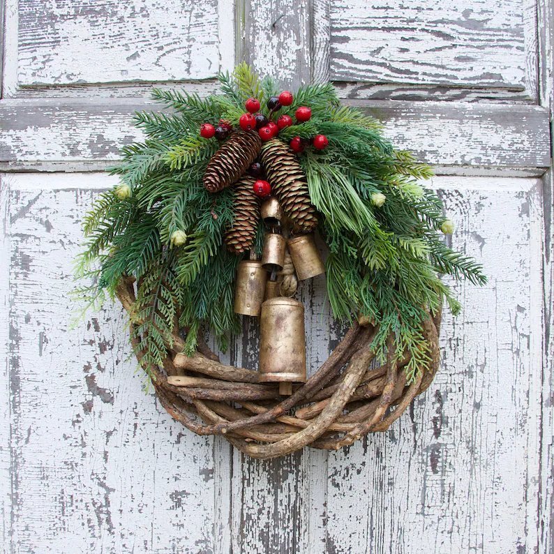 Christmas Wreath | Boho Style | Rustic Vine Base with Pinecones & Golden Bells