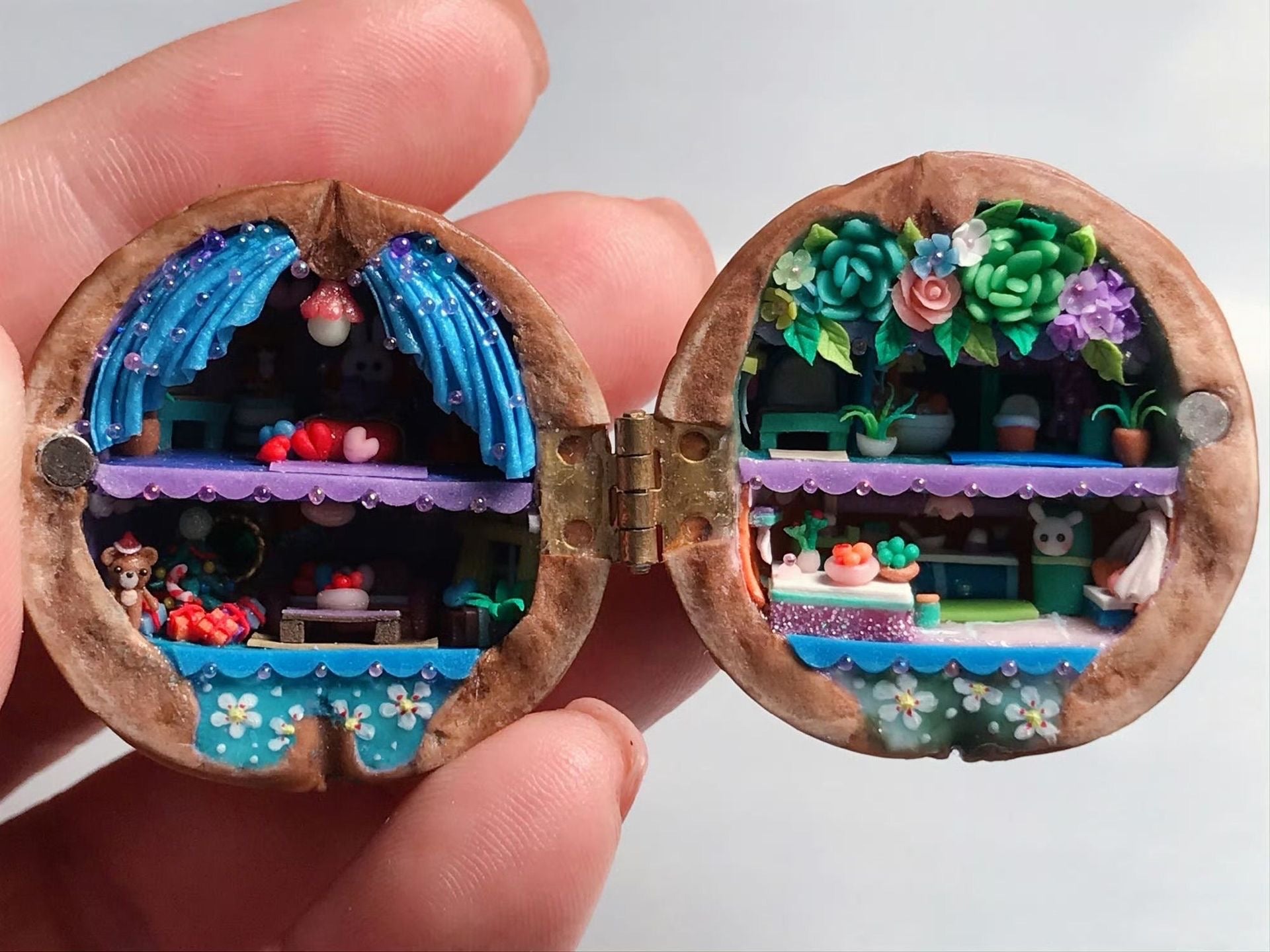 Miniature Walnut House Ornament | Handmade Gift | Clay & Wood Details with Light-Up Design