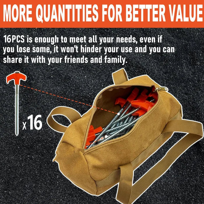 Tent Stakes with Drill Tip | Heavy-Duty Steel Screw-In Pegs | 16-Pack Camping Anchors 8"