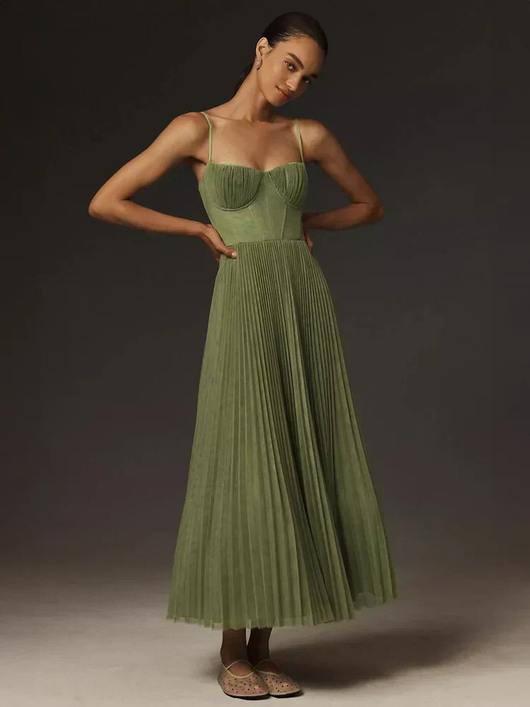 Solange - Pleated Corset Midi Dress for Ladies